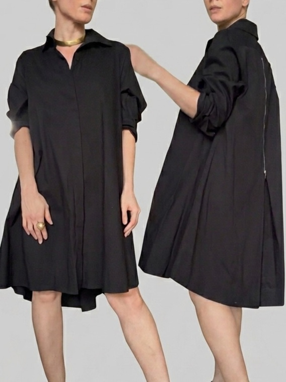 Black Zip Back Pleated Swing Shirt Dress M Minimalist Lagenlook Goth Scandi Chic
